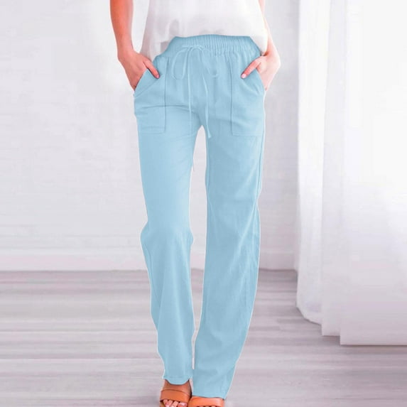 SELONE Womens Lounge Pants with Pockets Yoga Plus Size Workout Pants Cotton Linen Elastic Waist Full Length Loose Long Workout Pants for Work out Solid Straight Blue 3XL Tall Breathable Gym Clothes