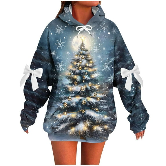 SELONE Womens Oversized Hoodies Christmas Snowflakes Christmas Tree Pullover sweatshirts Loose Drop Shoulder Long Sleeved with Pocket Drawstring Fashionable Clothes
