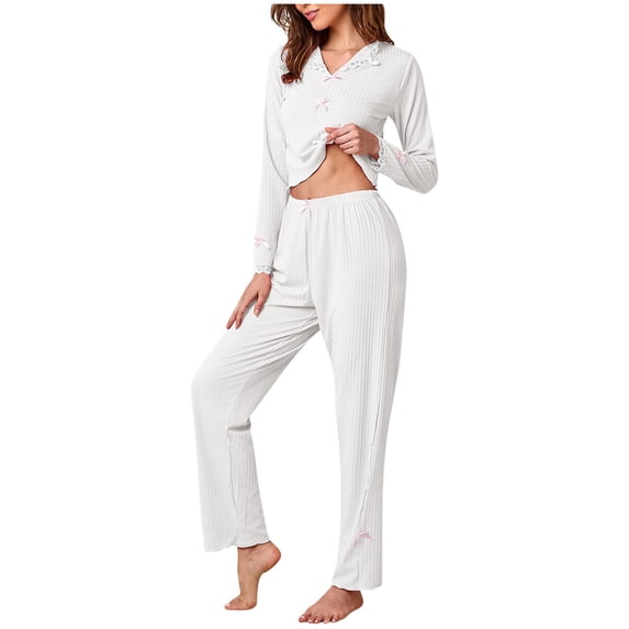 SELONE Womens Pajama Sets Lightweight Solid Lapel Collar Long Sleeve Blouse Long Pants Fashion Suit