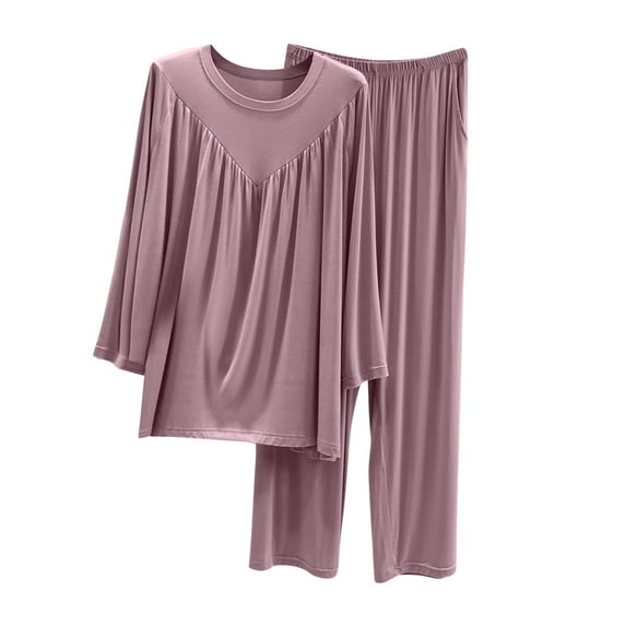 SELONE Womens Pajama Sets Lightweight Solid V Neck Pleated Long Sleeve Shirt Wide Leg Pants Home Wear Two Piece