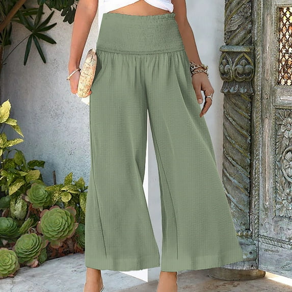 SELONE Womens Pants Casual Plus Size High Waist High Rise Baggy Wide Leg Casual Long Pant Straight Leg Fashion Solid Color Pants Trousers Pants for Everyday Wear Running Work Green M