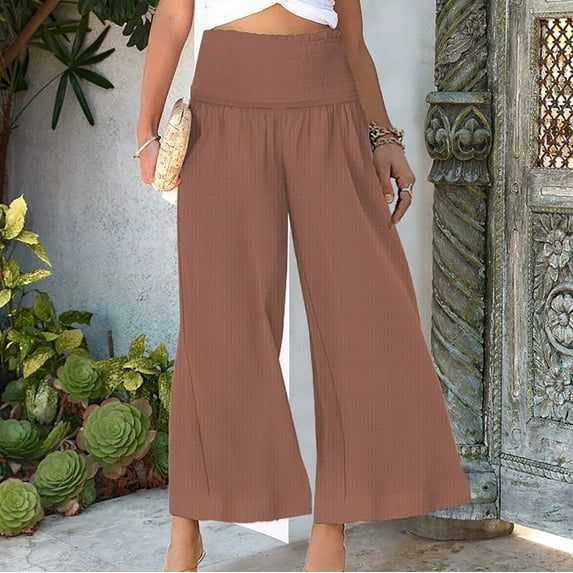SELONE Womens Pants Trendy Work High Waist High Rise Baggy Wide Leg Casual Long Pant Straight Leg Fashion Solid Color Pants Trousers Pants for Everyday Wear Running Work Casual Brown L