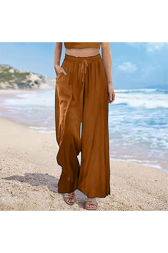 Womens Pants Wide Leg Coffee Plus Size Workout Pants with Pockets Wide Leg Full Length Loose Casual Long Workout Pants for Work out Pull on Solid Yoga Lightweight L Tall Breathable Gym Clothes