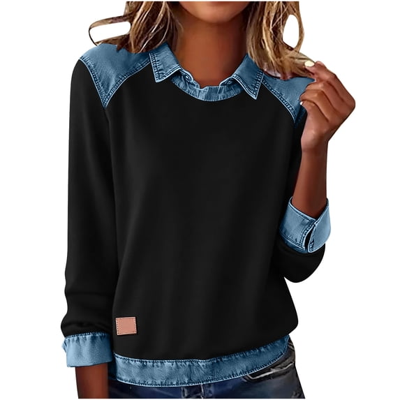 SELONE Womens Patchwork Collared Shirt Denim Patchwork Tops Long Sleeved Bussiness Pullover Color Block Outerwear L