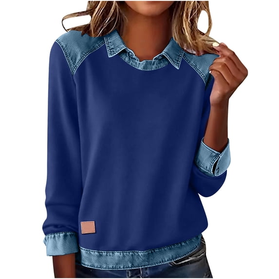 SELONE Womens Patchwork Collared Shirt Denim Patchwork Tops Long Sleeved Bussiness Pullover Color Block Outerwear XL