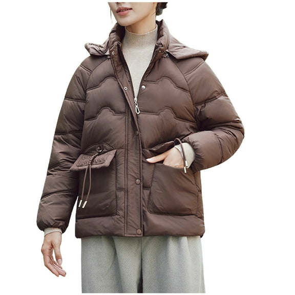 SELONE Womens Puffer Coat Crop Winter Jacket Hoodies Zipper Long Sleeve Mock Neck Tops with Pockets Soild Outerwear L