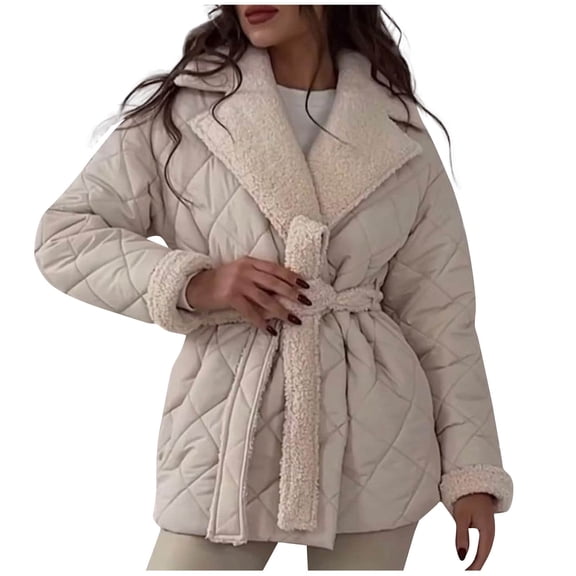 SELONE Womens Puffer Coat Mid Belt Winter Jacket Zipper Long Sleeve Collared Tops with Pockets Soild Outerwear Beige S