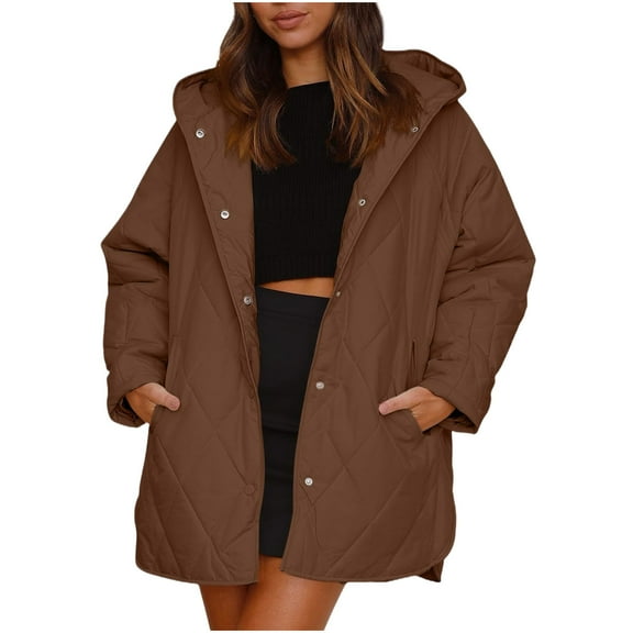 SELONE Womens Puffer Coat with Hood Mid Winter Jacket Zipper Long Sleeve Outerwear with Pockets Soild Tops Brown L