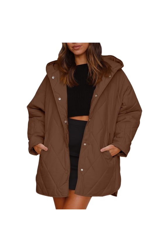 Womens Puffer Coat with Hood Mid Winter Jacket Zipper Long Sleeve Outerwear with Pockets Soild Tops Brown L