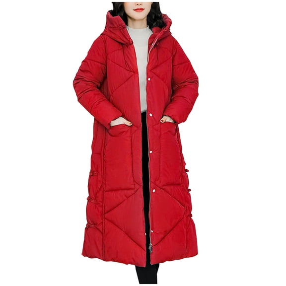 SELONE Womens Puffer Jacket Long Winter Coat Hoodies Zipper Long Sleeve Tops with Pockets Soild Outerwear Red XL