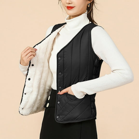 SELONE Womens Puffer Vest Thick Sleeveless Jacket Collarless Short Zip Up Coat Loose Fashionable Solid Outerwear with Pockets Winter Overcoat Outwear Coat Clothes for Women Black M