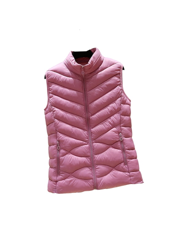Womens Puffer Vest with Pockets Cotton Zipper Hoodless Jacket Sleeveless Tops Solid Warm Outerwear