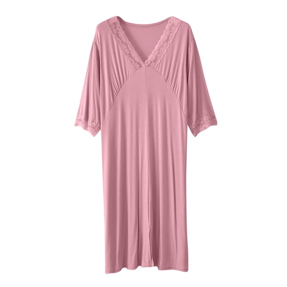 Lorytime Womens Robes Lightweight Lace Plus Size Mid Bathrobes V Neck Short Sleeve Pajamas Casual Sleepwear Pink XL
