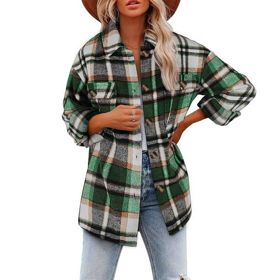 SELONE Womens Shackets Coat in Clothing Long Sleeve Jacket Lapel Mid-Length Button Up Coat Loose Casual Plaid Outerwear Winter Overcoat Outwear Coat Clothes for Women Green XS