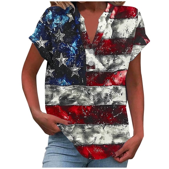 SELONE Womens Shirts Casual 4th of July Star Stripe Tops Buttons V Neck Short Sleeve Clothes Patriotic Graphic Wear