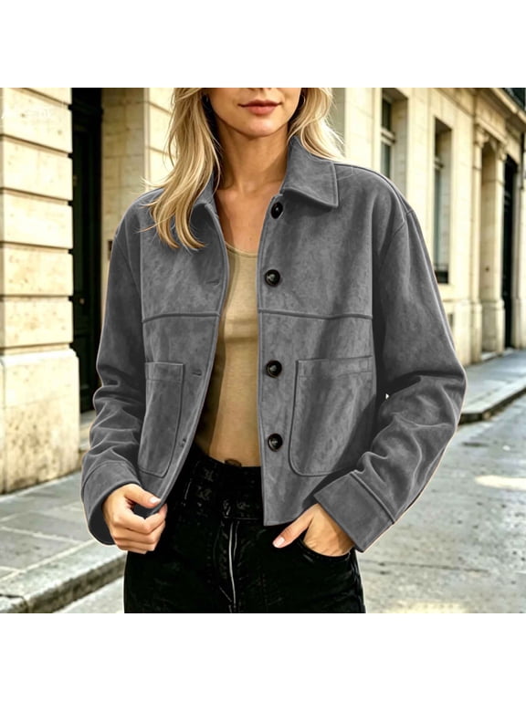 Womens Short Jackets Long Sleeve Collared Crop Suede Jacket Lined Button Front Comfy Work Coat with Pockets