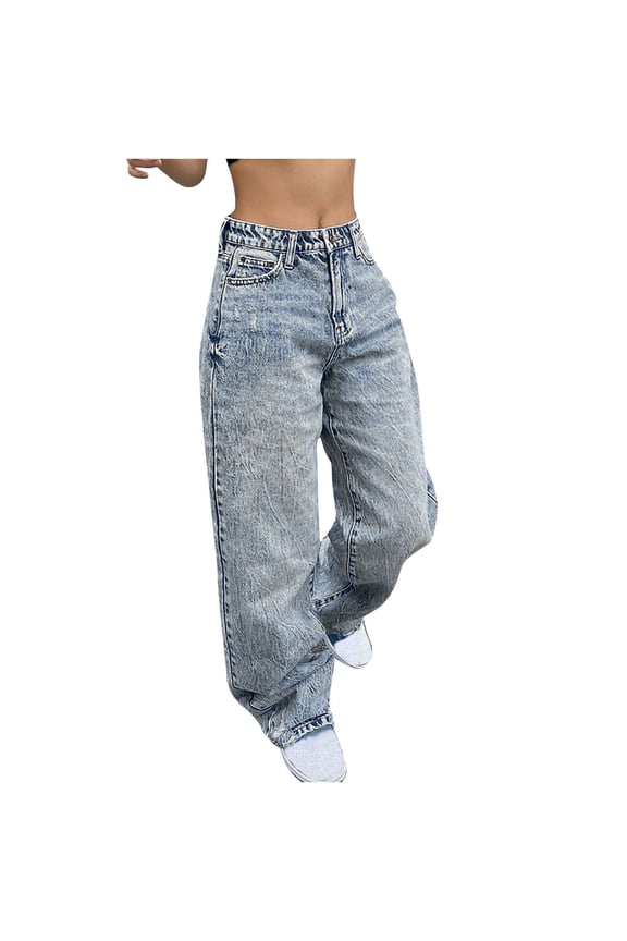 Womens Straight Leg Jeans Pull On Denim Pants Y2K Loose Baggy Mid Waisted Streetwear Pants with Pockets Solid Lounge Trousers Long Pants Long Pants Casual Pants Go Out Fall Wintern Clothes