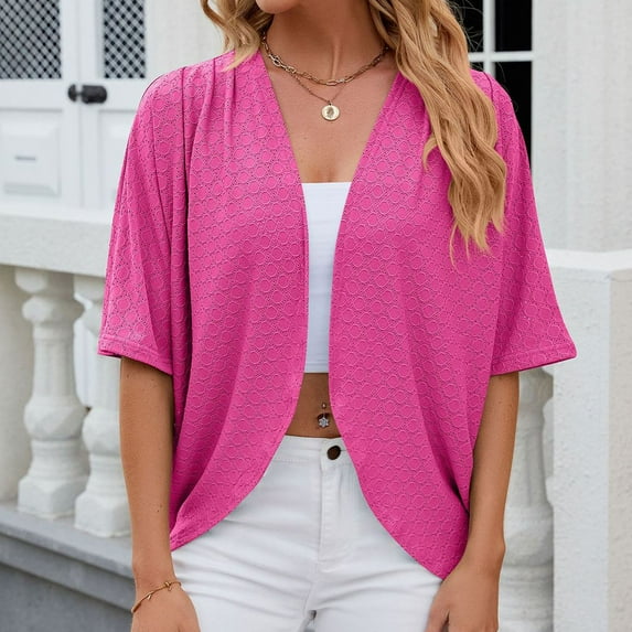 SELONE Womens Summer Cardigans Lightweight Half Sleeve Outer Layer Shirts Soft Open Front Petite Solid Casual Cover Up Hot Pink L