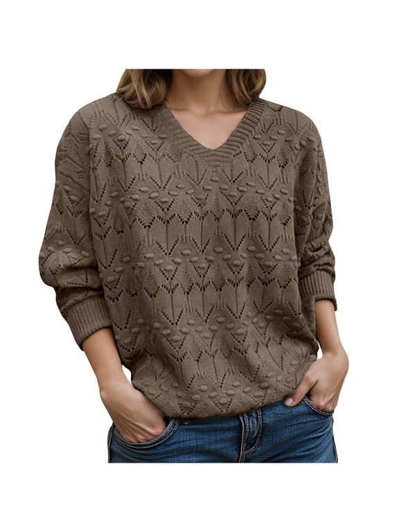 Womens Sweaters Pullover Lightweight Loose Pullover V Neck Long Sleeve Knitwear Spring Color Block Tops Brown XL