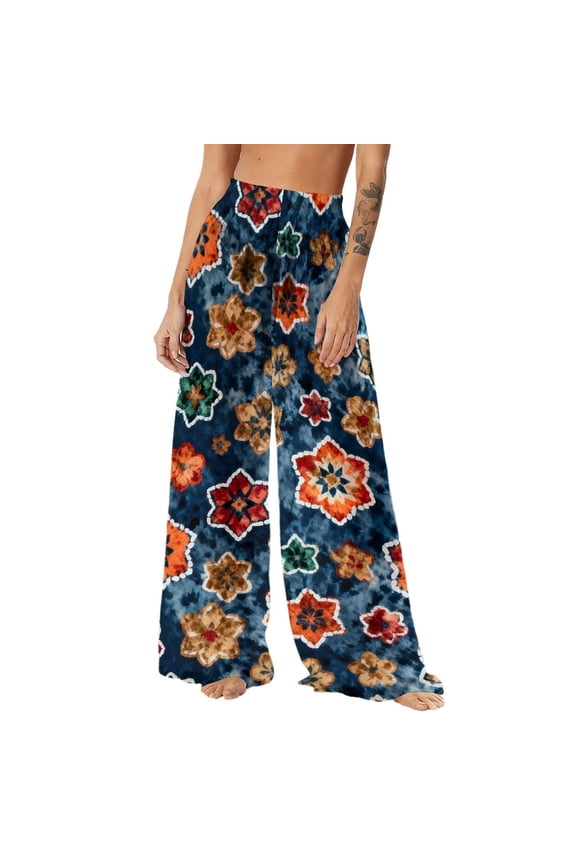 Womens Swim Cover up Sun Protection Boho Pants Hawaiian Wide Leg Elastic Waist Trouser Summer Beach Wear