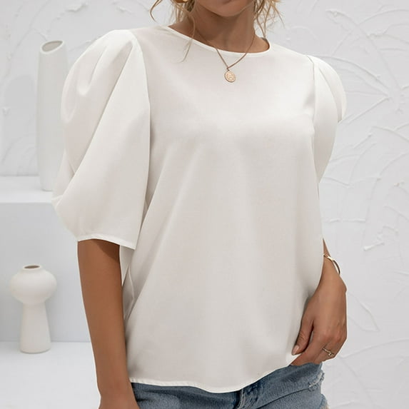 SELONE Womens T-Shirts Short Sleeve Tops Blouses Regular Fit T Shirts Puff Sleeve Pullover Tees Tops Solid T-Shirts Crew Neck Tops Casual Blouses Easy Care Soft Breathable Pullover Tops White S