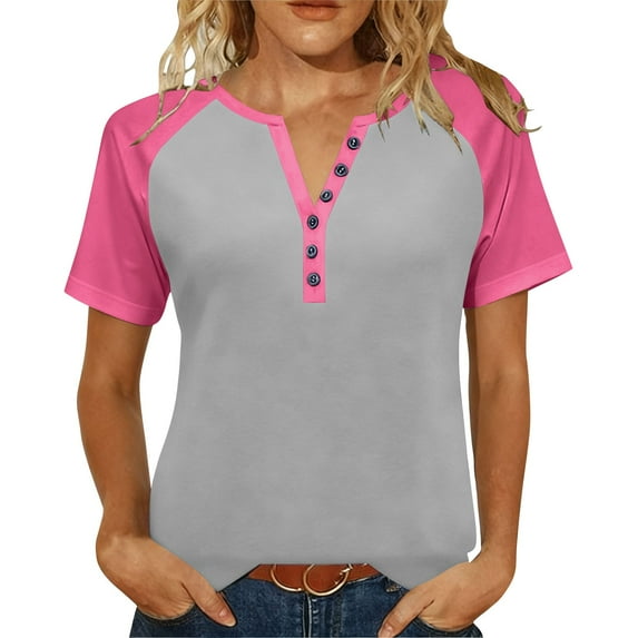 SELONE Womens T Shirts V Neck Short Sleeve Blouses Buttons Loose Casual Tops Raglan Summer Wear Hot Pink 3XL