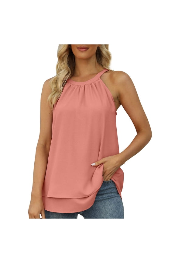 Womens Tank Tops Sleeveless Tops for Women Halter Sleeveless High Neck Cami Spaghetti Strap Chiffon Blouse Summer Fashion Beach Classy Y2K Soft Summer Tops for Women Tshirts Shirts Pink L