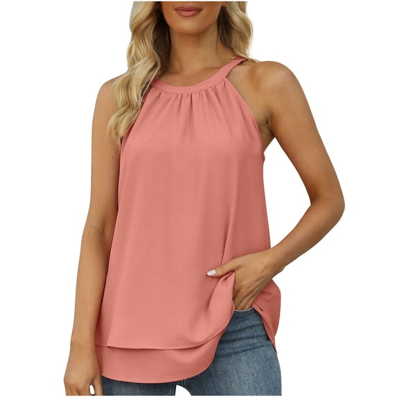 SELONE Womens Tank Tops Sleeveless Tops for Women Halter Sleeveless High Neck Cami Spaghetti Strap Chiffon Blouse Summer Fashion Beach Classy Y2K Soft Summer Tops for Women Tshirts Shirts Pink L