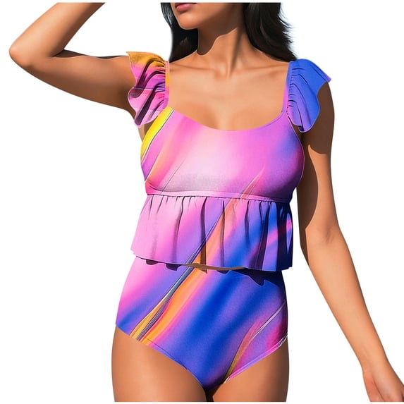 SELONE Womens Tankini 2 Piece Slimming Padded Swimsuits Adjustable Closures Bottoms Color Block Flutter Sleeve Swimwear