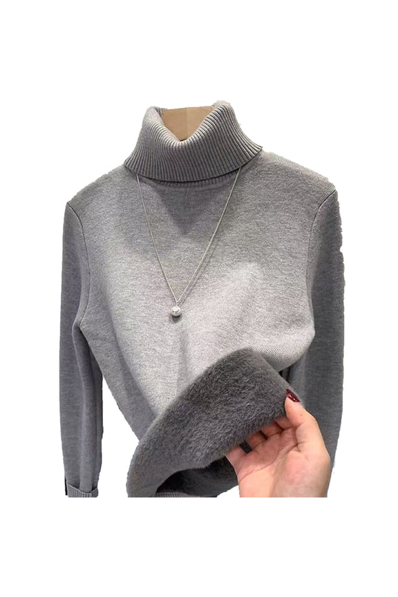 Womens Thermal Underwear Knitted Fleece Shirt Turtleneck Long Sleeve Tops Soild Tight Warm Pullover Clothes Gray