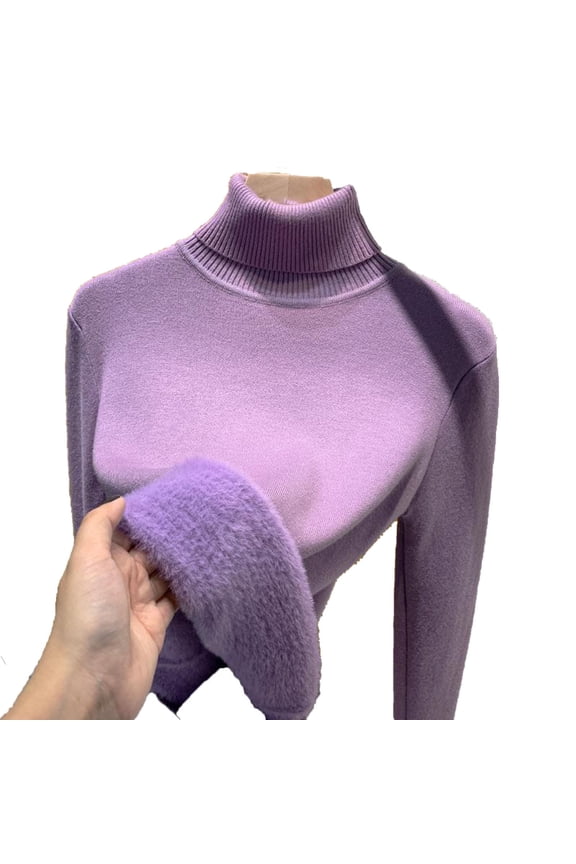Womens Thermal Underwear Knitted Fleece Shirt Turtleneck Long Sleeve Tops Soild Tight Warm Pullover Clothes Purple