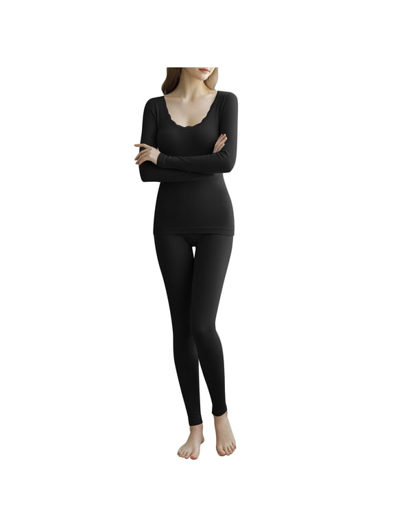 Womens Thermal Underwear Sets Winter Seamless Tight Crewneck Long Sleeve Tops Warm Elastic Waist Pants