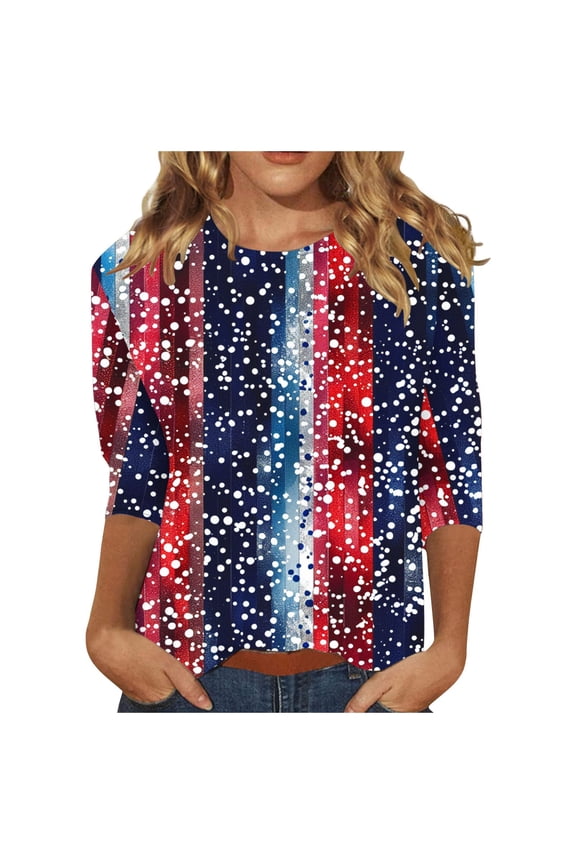 Womens Tops 3/4 Length Sleeves Fourth of July Crewneck American Themed Apparel Red White Blue Wear Clothes Gifts Activewear XL