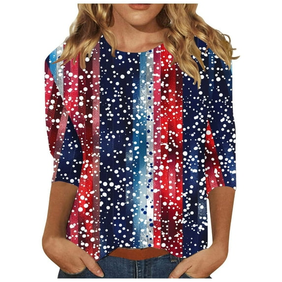 SELONE Womens Tops 3/4 Length Sleeves Fourth of July Crewneck American Themed Apparel Red White Blue Wear Clothes Gifts Activewear XL
