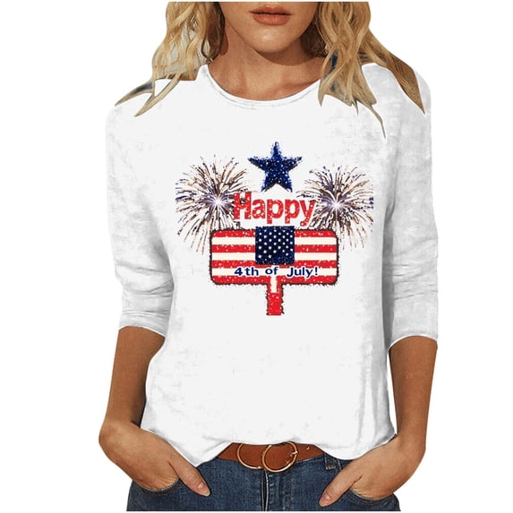 SELONE Womens Tops 3/4 Length Sleeves Stars Stripes Crewneck July 4th Apparel Red White Blue Wear Clothes Gifts Activewear 2XL