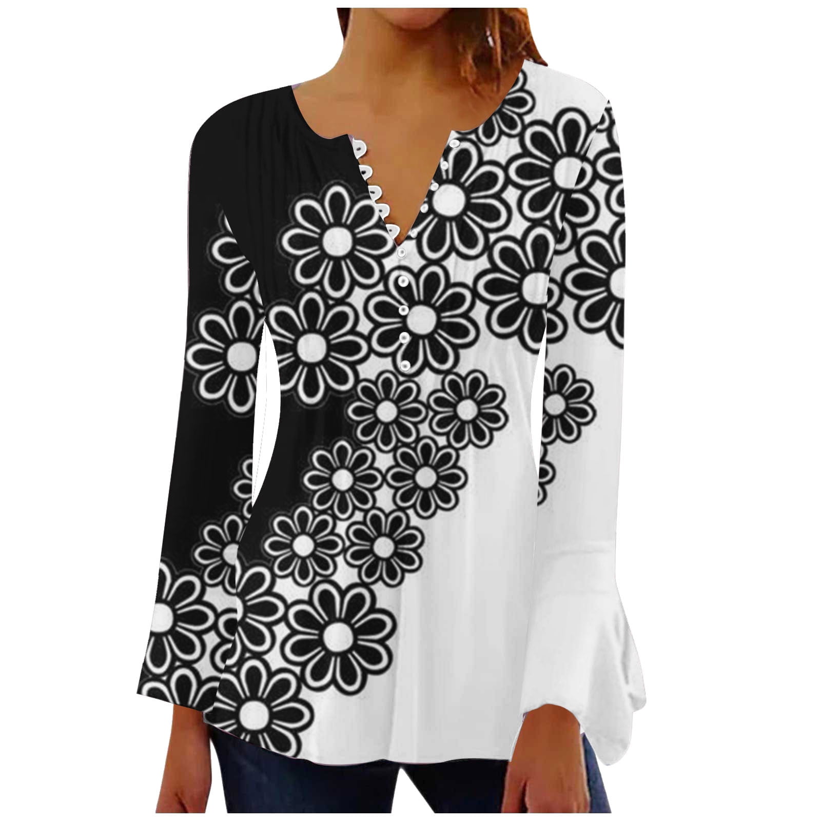 SELONE Womens Tops and Blouses Notch Neck Long Sleeve Tops Bell Sleeve