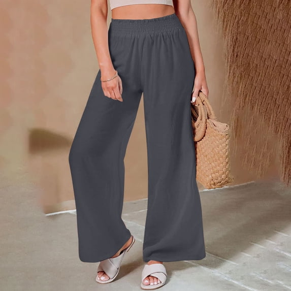 SELONE Womens Trouser Pants Wide Leg Gray High Waist Plus Size Lounge Pants Cotton Linen Wide Leg Full Length Trouser Loose Casual Long Beach Pants Solid Lightweight L Tall Breathable Summer Clothes