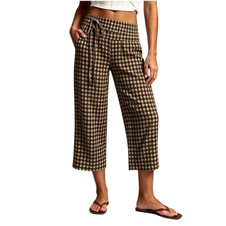 SELONE Womens Wide Leg Capris Plaid Pants Casual Side Tie  display picture 3