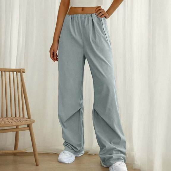 SELONE Womens Wide Leg Cargo Pants with Pockets Gray Plus Size Trouser Pants Elastic Waist Full Length Trendy Pants Loose Casual Long Vacation Pants Solid Lightweight L Tall Breathable Summer Clothes