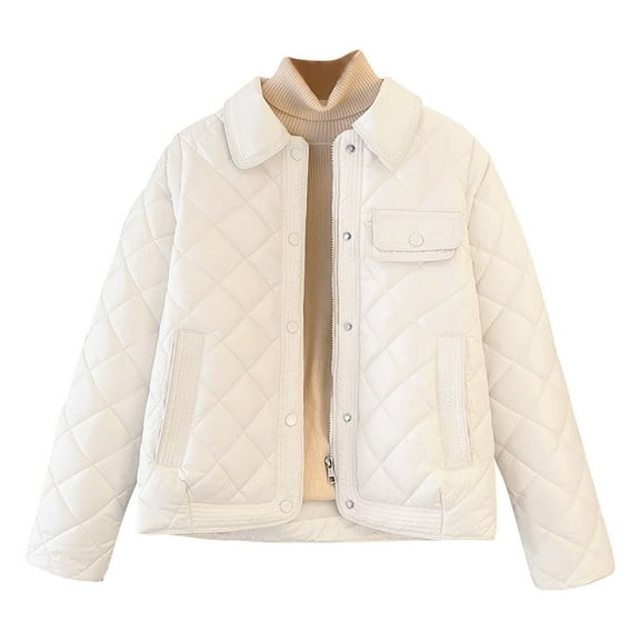 SELONE Womens Winter Coat Short Puffer Jacket Button Long Sleeve Collared Tops with Pockets Soild Outerwear White 2XL