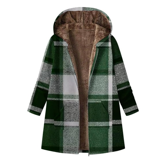 SELONE Womens Winter Coats with Hood Plaid Mid Fleece Jacket with Pockets Zip Long Sleeve Outerwear Warm Tops