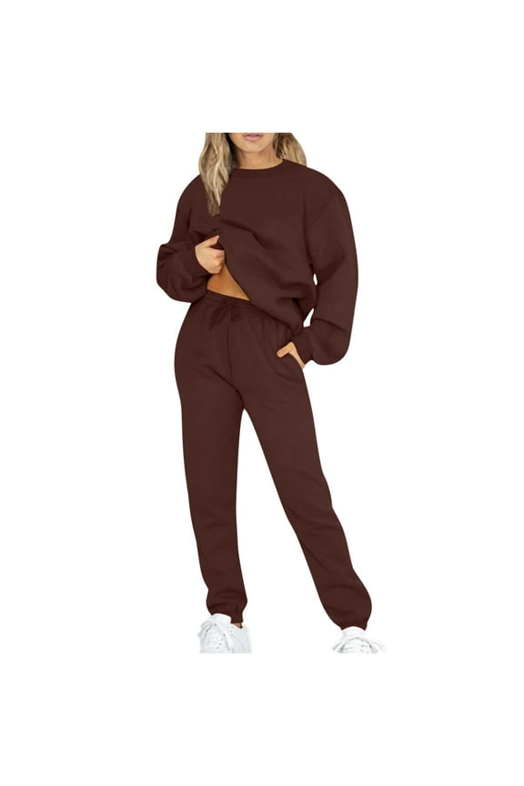 Womens Workout Sets 2 Piece Long Sleeve Sweatshirts Long Sweatpants Crew Neck Sweat Suits Loose Fit Taper Leg Gym Sets Solid Jogger Lounge Casual Sets Streetwear Fall Wintern Clothes Coffee