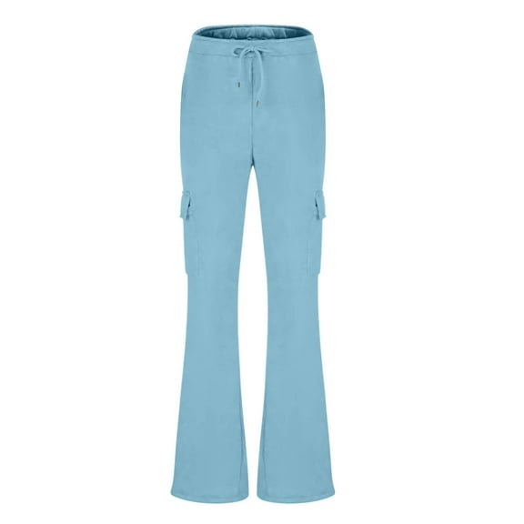 SELONE Womens Yoga Pants Flared Leg Mid Waist Plus Size Trouser with Pockets Full Length Bootcut Loose Casual Long Bootcut Trousers Drawstring Solid Lightweight Comfy Blue L Breathable Summer Clothes