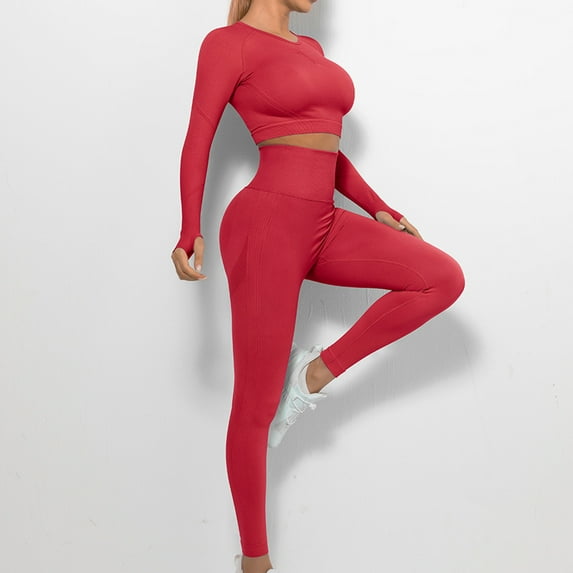 SELONE Workout Outfits for Women 2 Piece Active Solid Outfits Leggings Long Sleeve Crewneck Basic Tops Knitted Soft Sets Red M