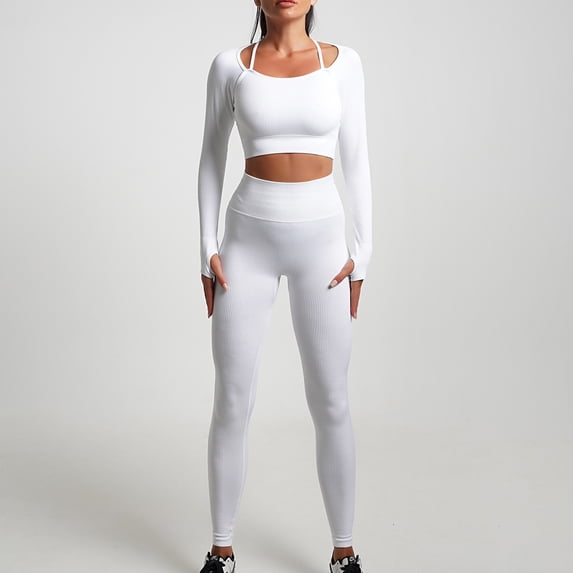 SELONE Workout Outfits for Women 2 Piece Active Solid Outfits Leggings Long Sleeve Crewneck Basic Tops Soft Sets White L