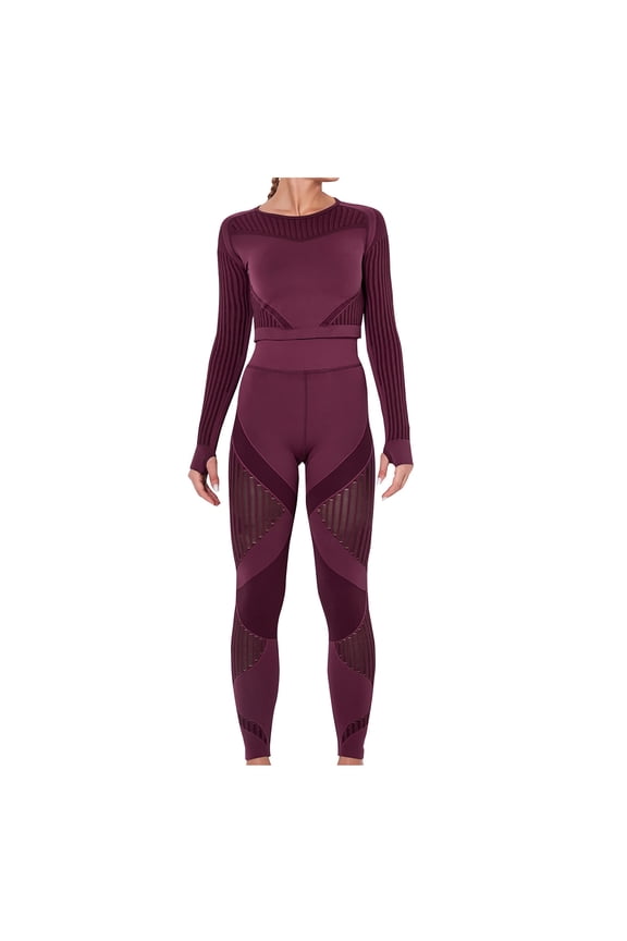 Workout Sets for Women Two Piece Outfits Seamless Striped Hollow Yoga Clothes Hip Quick-drying Fitness Suit 27-Wine M