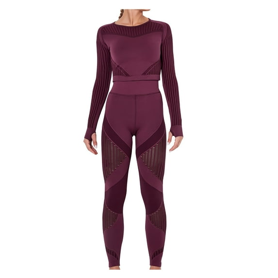 SELONE Workout Sets for Women Two Piece Outfits Seamless Striped Hollow Yoga Clothes Hip Quick-drying Fitness Suit 27-Wine XS