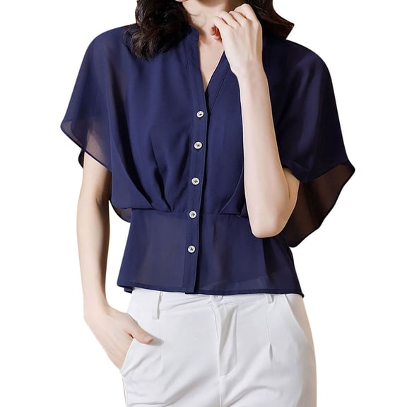 SELONE Workout Shirts Women V Neck Short Sleeve Blouses Loose Tops Ruffle Cuff Casual Clothes Navy L