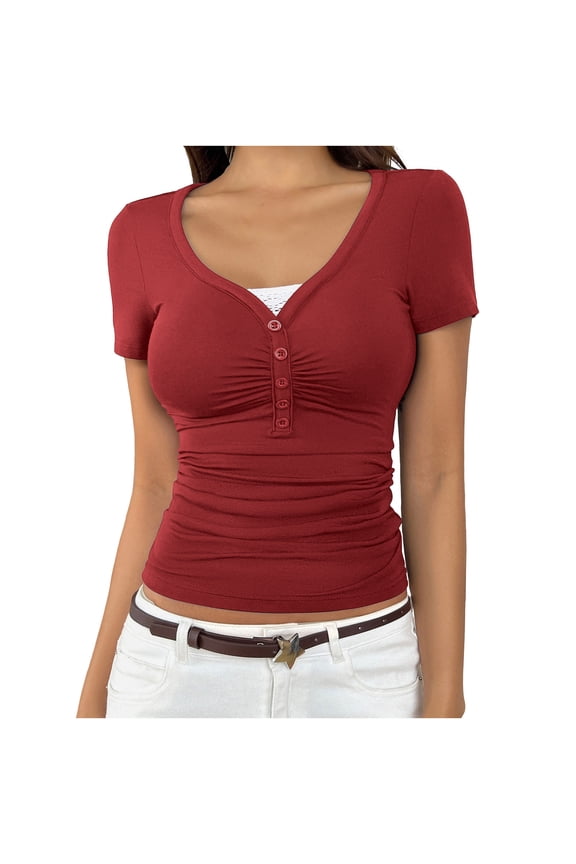 Workout T Shirts for Women V Neck Short Sleeve Tops Buttons Tigh Cropped Clothes Solid Outfits Wine S