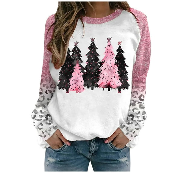 SELONE Xmas Tops for Women Long Sleeve Rund Neck Printed Tops Sweatshirts Pink XL